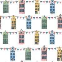 Cute, European houses with flags, different, colorful. A simple, seamless pattern. Hand-drawn in watercolor. For textiles, fabrics, wallpaper, prints scrapbooking paper banners printing vector