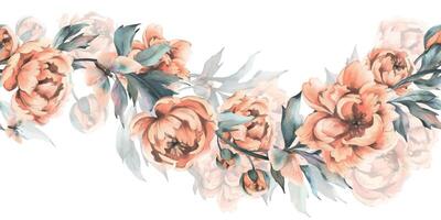 Beautiful peonies in peach fuzz color with leaves, buds and flying butterflies. Hand drawn watercolor illustration. Seamless border, pattern horizontal isolated from the background vector