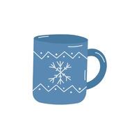 Blue mug with white snowflake pattern. Mug on white background vector