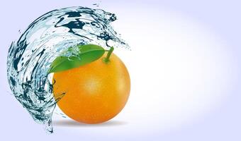 Orange with a leaf under splashes of water on a light background with copy space. vector