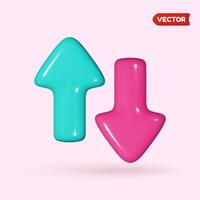 Pink and blue arrows point up and down. Realistic 3D design in plastic cartoon style. Isolated icon on pink background. vector