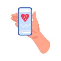 Smartphone applications for checking heart rhythm. Cardio journal, Systolic and diastolic blood pressure diary. Medical equipment. Improving quality of life. a device for measuring bp. Phone in hand. vector