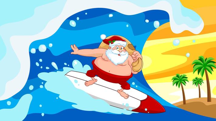 Happy Santa Claus Cartoon Character Surfing And Riding A Wave