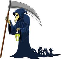 Grim Reaper Skeleton Cartoon Character Walks With A Scythe And Gathers The Souls Of The Dead vector