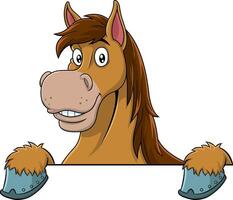 Brown Draft Horse Cartoon Mascot Character Over A Sign vector