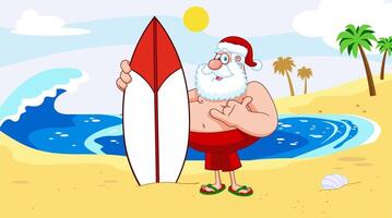 Papa Noel claus dibujos animados personaje con un tabla de surf en el playa dando un pulgar arriba vector