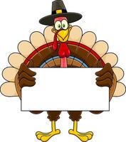 Smiling Turkey Cartoon Character With Pilgrim Hat Holding A Blank Sign vector