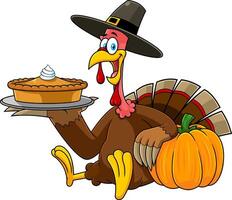 Happy Thanksgiving Turkey Pilgrim Characters Sitting Holding A Pumpkin Pie vector