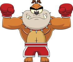 marrón buldog dibujos animados personaje boxeo campeón en rojo boxeo pantalones cortos vistiendo rojo boxeo guantes vector