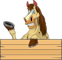 Smiling Horse Cartoon Mascot Character Over A Blank Wooden Sign Board Waving vector