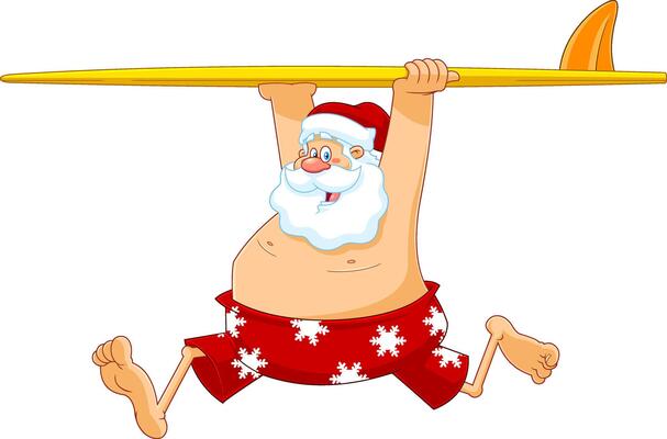 Happy Santa Claus Cartoon Character Running With A Surfboard