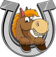 Smiling Horse Head Cartoon Mascot Character In A Horseshoe vector