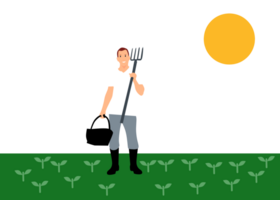 een Mens met een hooivork en een emmer in de veld- png