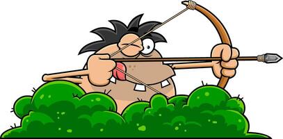 Caveman Cartoon Character Aiming Bow And Arrow Hiding In Bush vector