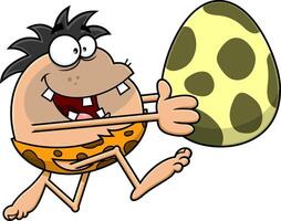 Outlined Hungry Caveman Cartoon Character Running With Big Egg vector