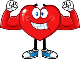 rojo corazón dibujos animados personaje demostración músculo brazos vector