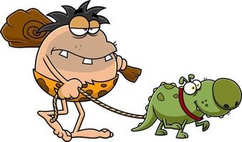 Funny Caveman Cartoon Character With Club And Dino Dog Goes To Hunting vector