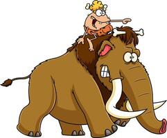 Happy CaveWoman Riding A Mammoth Cartoon Characters vector