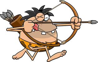 Funny Caveman Cartoon Character Making Bow And Arrow vector