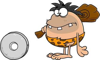 Caveman Cartoon Character With A Stone Wheel vector