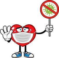 Sick Red Heart Cartoon Character With Face Mask Holding A Stop Virus Sign vector