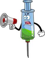 Angry Medical Syringe Vaccine Cartoon Character Screaming Into Megaphone vector
