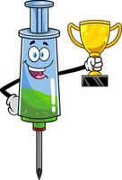 Happy Medical Syringe Vaccine Cartoon Character Holding A Big Golden Cup vector