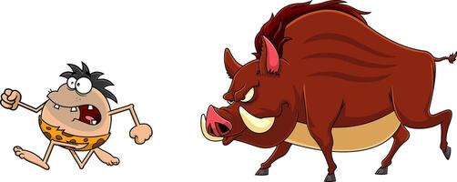 Scared Caveman Escape From Angry Giant Wild Boar Cartoon Characters vector