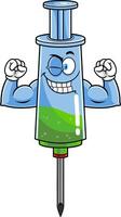 Winking Medical Syringe Vaccine Cartoon Character Showing Muscle Arms vector