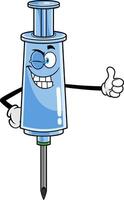 Winking Medical Syringe Vaccine Cartoon Character Showing Thumbs Up vector