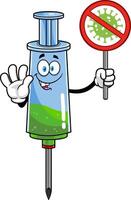 Medical Syringe Vaccine Cartoon Character Holding A Stop Virus Sign vector