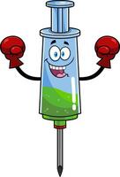 Happy Medical Syringe Vaccine Cartoon Character Wearing Boxing Gloves vector