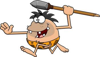 Happy Caveman Cartoon Character Hunting With A Spear vector