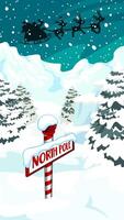 Cartoon North Pole Sign With Silhouettes Of Santa Claus In Flight With His Reindeer vector