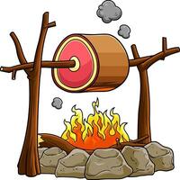 Cartoon Camp Fire With Flames And Grilling Meat vector