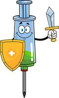 Medical Syringe Vaccine Cartoon Character Holding Up A Sword And Shield vector