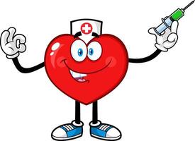 Doctor Red Heart Cartoon Character Holding Up A Syringe vector