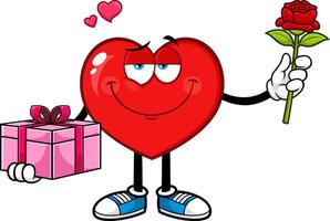 Romantic Red Heart Cartoon Character Holding A Gift And Rose vector