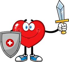 Healthy Red Heart Cartoon Character Holding Up A Sword And Shield vector