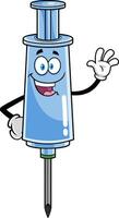 Happy Syringe Vaccine Cartoon Character Waving For Greeting vector