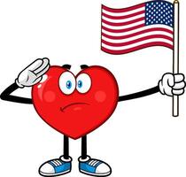 Patriotic Red Heart Cartoon Character Salute And Flashes US Flag vector