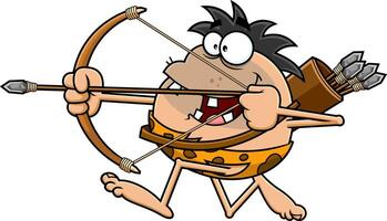 Happy Caveman Cartoon Character Running With Bow And Arrow vector