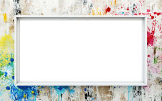 White photo frame on white background with colorful splashes. Empty picture frame. Modern mockup template with blank space for your photo or text png