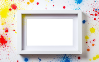 White photo frame on white background with colored dots. Empty picture frame. Modern mockup template with blank space for your photo or text png