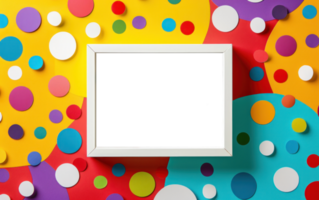 White photo frame on a coloured background with many coloured paper rounds. Empty picture frame. Modern mockup template with blank space for your photo or text png