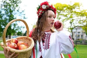 otoño cosecha niña mira dentro distancia sostiene cesta de manzanas en manos delicioso frutas ucranio gente ropa vyshyvanka guirnalda con cintas y rojo flores naturaleza estaciones crecer manzanas en jardín foto