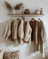 Array of Sweaters Hanging on Rack in Room photo