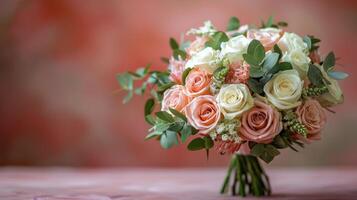 Bridal Bouquet of Peach and White Roses photo