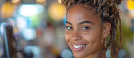 Smiling woMan Wearing Headset photo