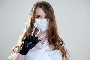 Beautiful woman dentist in a black suit with a white mask with flowing hair holds in her hands scaler and curette Hand stretched forward selective focus bright photo of gorgeous woman